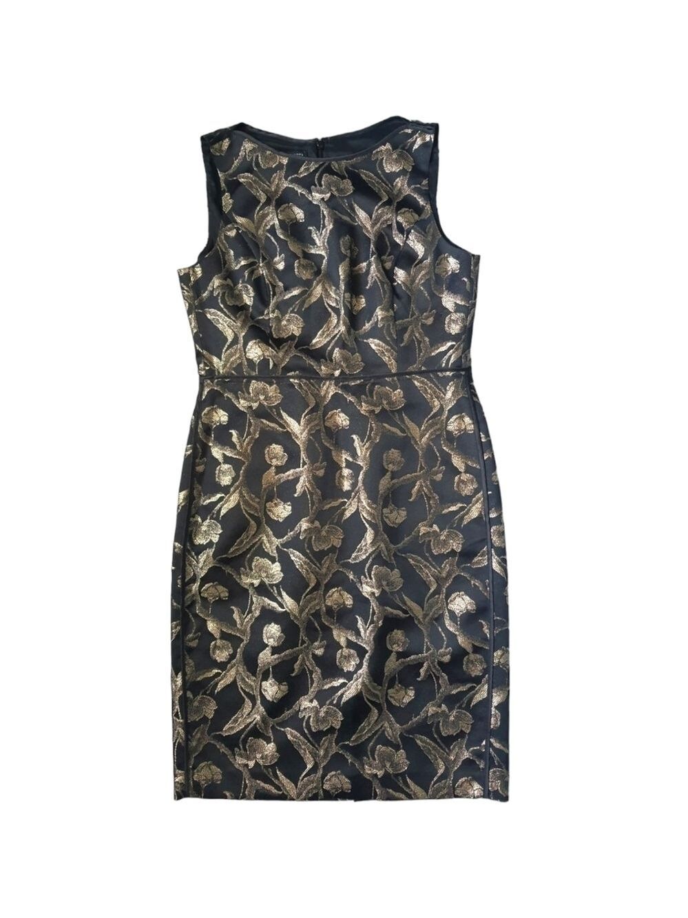 Talbots Sleeveless Gold Floral Midi Sheath Party Dress with Pockets Black Size 8